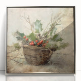 Christmas Framed Art - Festive Holly Basket Holiday Decor Prints