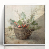 Christmas Framed Art - Festive Holly Basket Holiday Decor Prints
