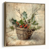 Christmas Framed Art - Festive Holly Basket Holiday Decor Prints