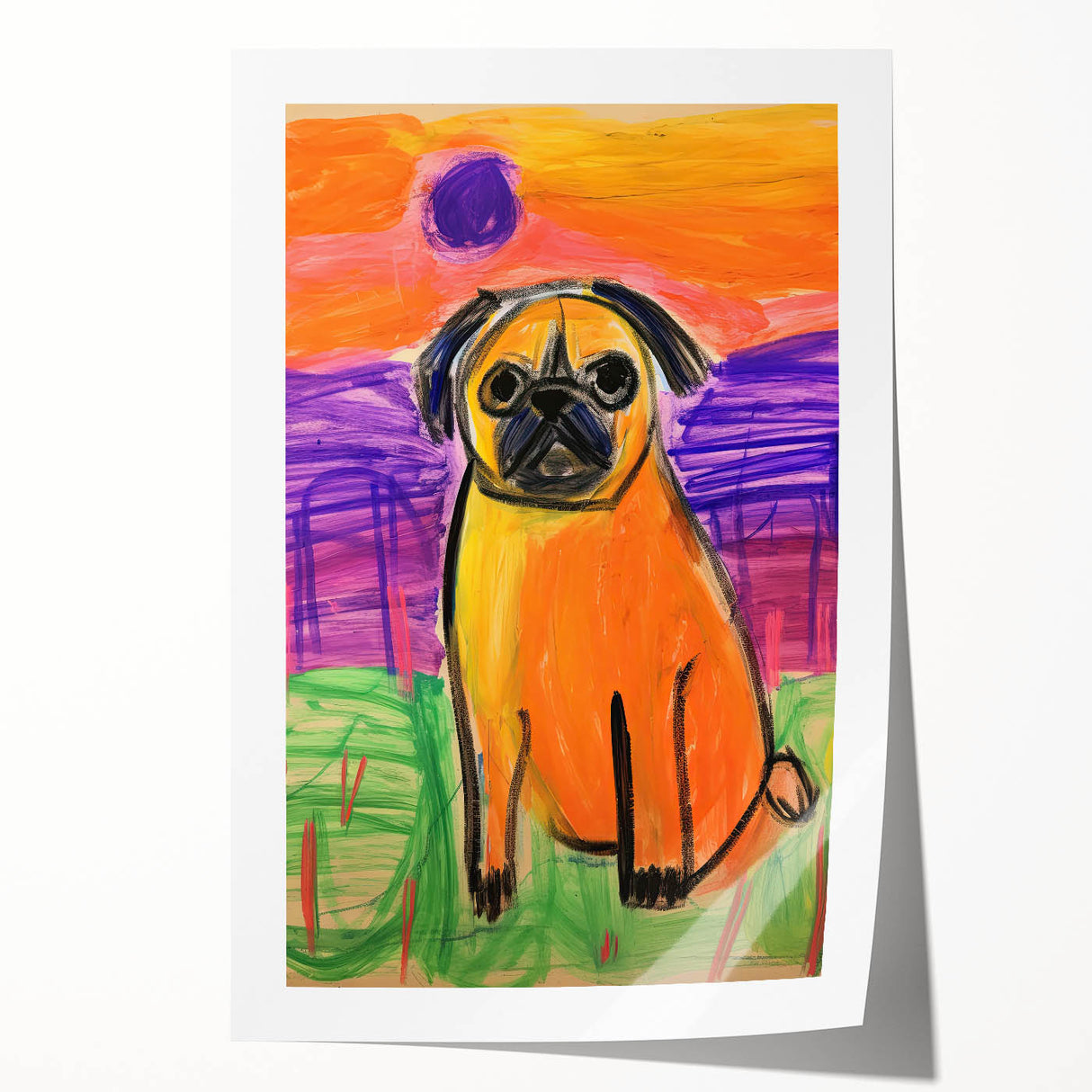 Kids Room Wall Art – Playful Pug Dog Sunset Painting