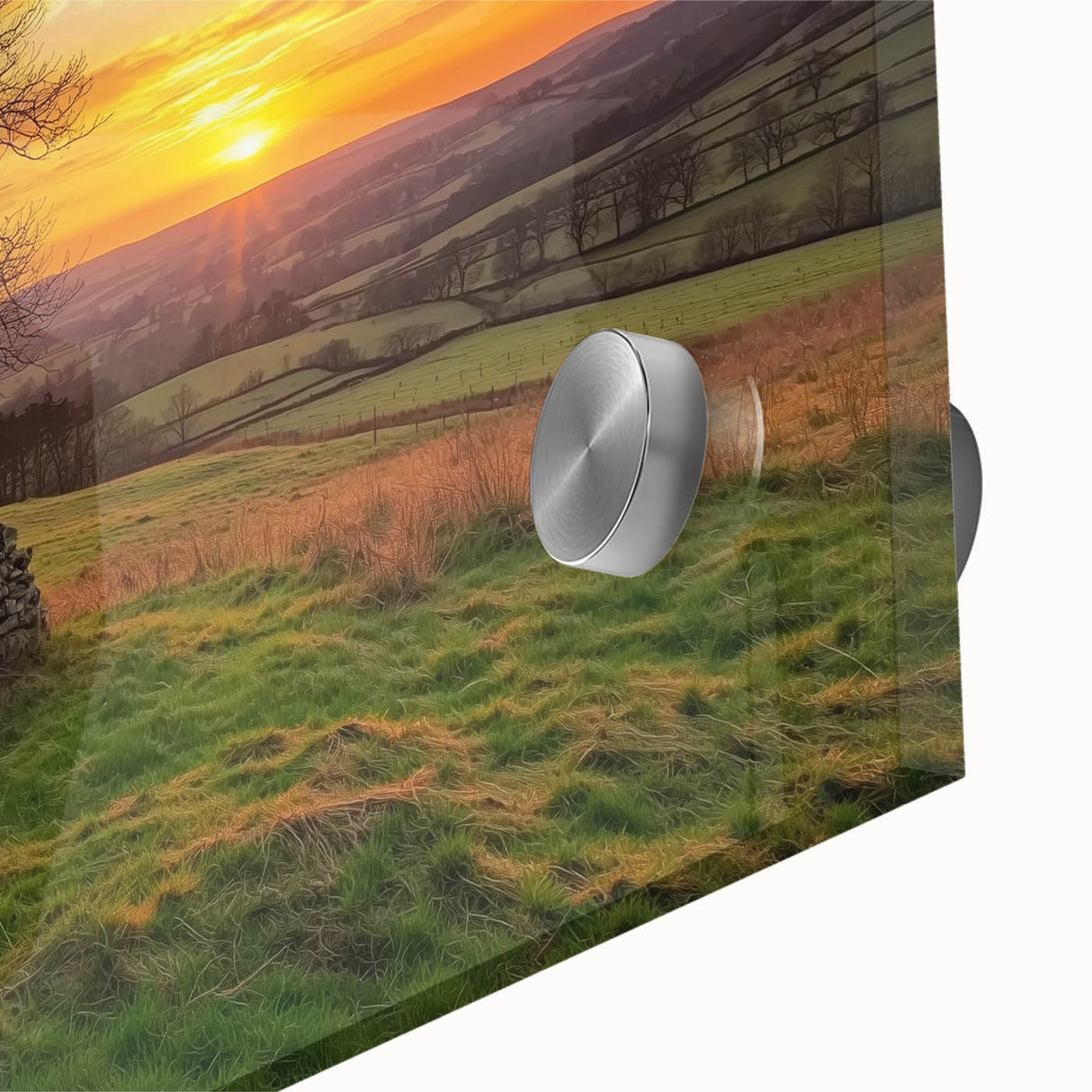 Close-up of a vibrant landscape barn design rendered on acrylic glass, showcasing rich colors and intricate details, perfect for modern home decor.