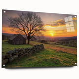 Side view of a landscape acrylic print showcasing a barn scene with colorful details, secured with pins for display. Ideal for rustic home decor enthusiasts.