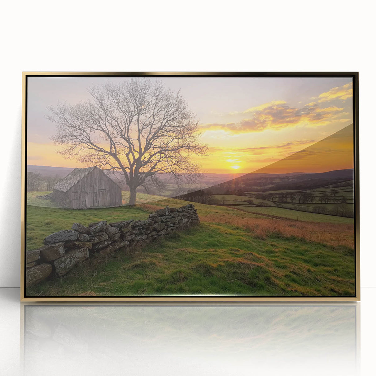 Elegant barn landscape art print framed in gold acrylic, showcasing a serene countryside scene with lush greenery and vibrant sky colors, ideal for home decor.