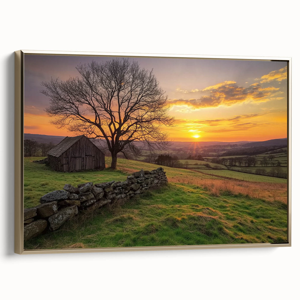 Golden-framed landscape canvas art showcasing a serene barn scene, featuring rich colors and detailed textures, perfect for rustic home decor.