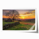Landscape barn art print on rolled canvas showcasing vibrant colors and intricate details, packaged securely in a cardboard tube for safe delivery. Perfect for rustic home decor enthusiasts.