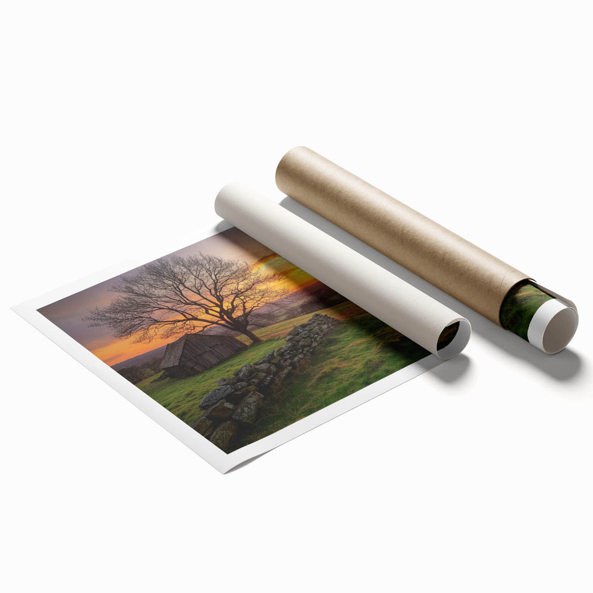 Scenic landscape barn print on rolled canvas, showcasing a rustic red barn amidst green fields under a clear blue sky, perfect for country home decor.