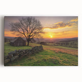 Stretched canvas artwork depicting a vibrant landscape scene featuring a rustic barn surrounded by lush greenery and a clear blue sky, ideal for home decor and art enthusiasts.