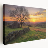 Stretched canvas artwork featuring a rustic barn landscape in vibrant colors, showcasing detailed textures and natural scenery, ideal for home décor enhancement.