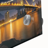 Close-up of a stunning acrylic glass artwork depicting a serene landscape with a bridge, showcasing vibrant colors and intricate details, perfect for modern decor.