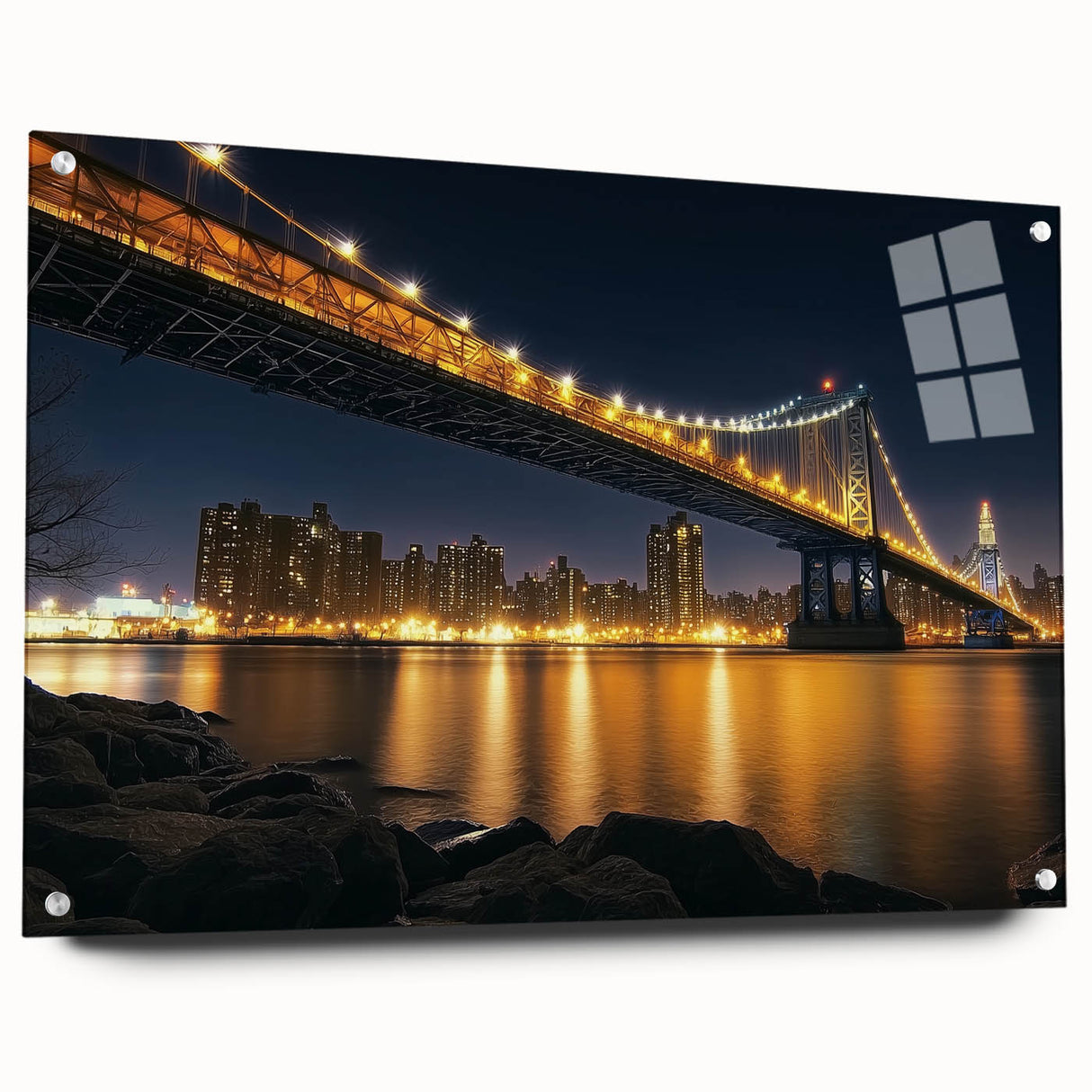 Acrylic glass landscape bridge design in side view, showcasing intricate details and vibrant colors, secured with pins for a polished finish. Perfect for modern decor enthusiasts.