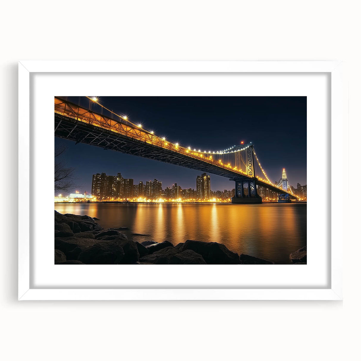Landscape bridge frame with a white mat, showcasing a modern design suitable for home decor. Ideal for displaying art or photos in a stylish setting.