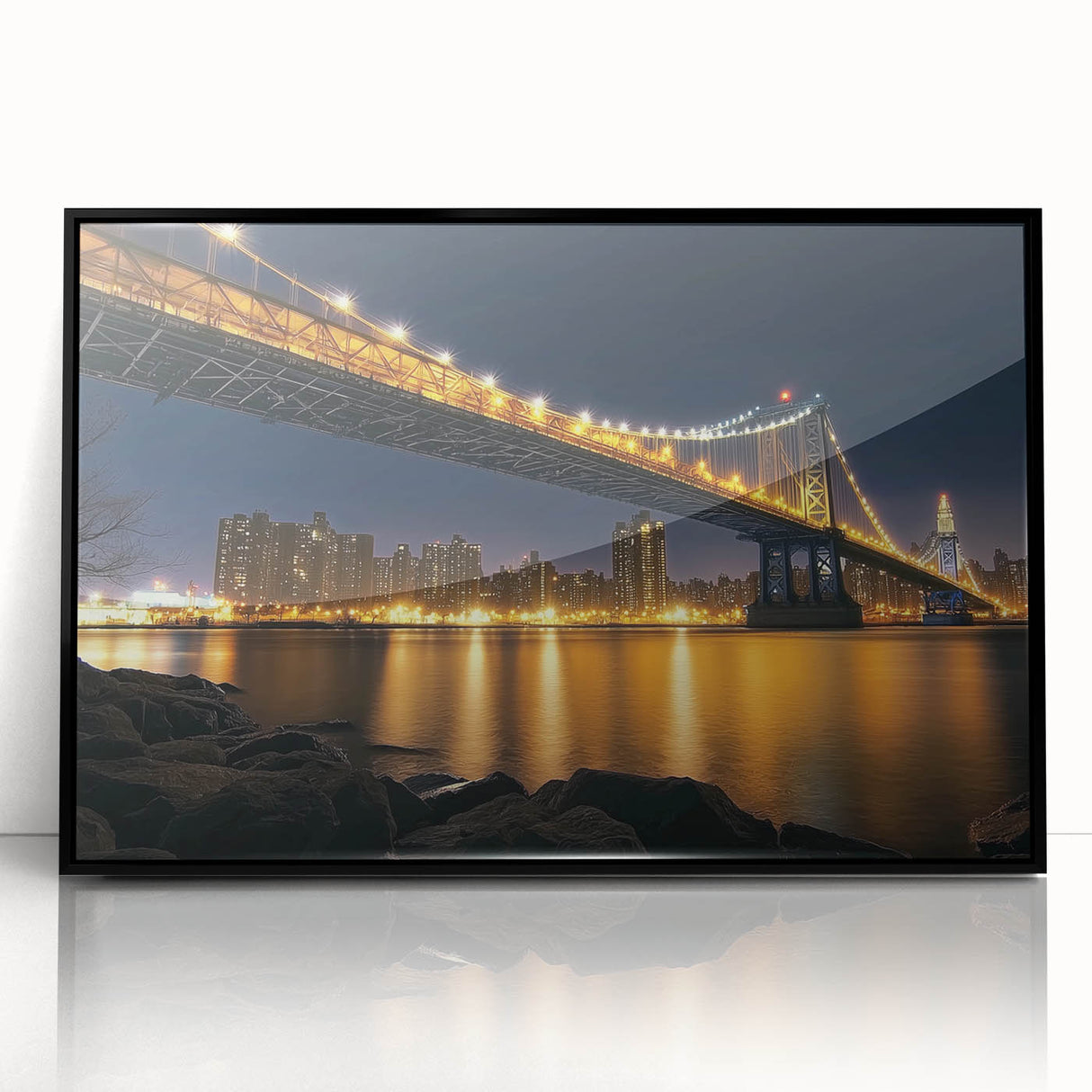 Framed acrylic artwork showcasing a stunning landscape bridge in vibrant colors, mounted in a sleek black frame, perfect for modern home decor. This piece adds a serene yet striking touch to any interior space.