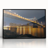 Framed acrylic artwork showcasing a stunning landscape bridge in vibrant colors, mounted in a sleek black frame, perfect for modern home decor. This piece adds a serene yet striking touch to any interior space.