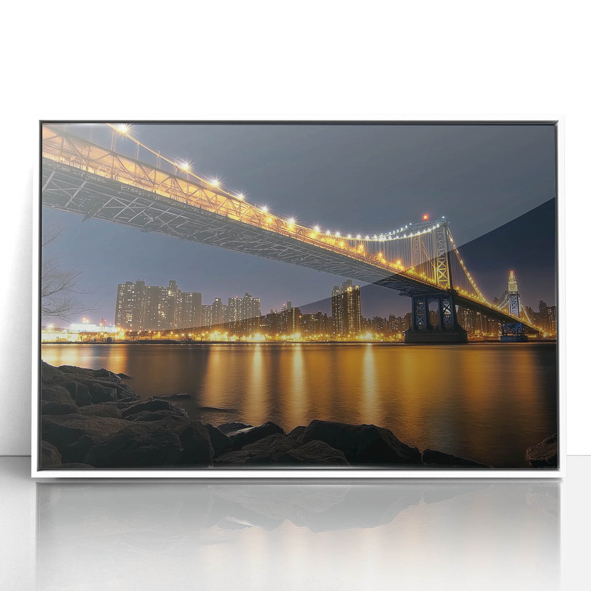 Framed acrylic artwork depicting a serene landscape bridge scene with vibrant colors, ideal for modern home decor, showcasing nature's beauty and tranquility.