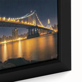 Close-up of a framed canvas artwork depicting a picturesque landscape bridge scene, featuring vibrant colors and intricate details, perfect for home decor.