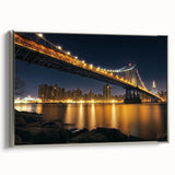 Framed canvas artwork showcasing a stunning landscape bridge scene, with a silver frame and vibrant colors, perfect for enhancing home decor and adding a touch of elegance.