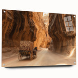 Acrylic landscape artwork depicting vibrant canyons in rich colors, displayed in a glass frame with decorative pins, perfect for modern home decor.