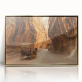 Framed acrylic artwork showcasing a stunning landscape of canyons in rich gold tones. Perfect for adding elegance and depth to modern home decor or office spaces.