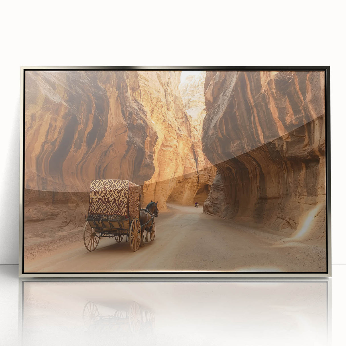 Framed acrylic artwork depicting a stunning landscape of canyons in silver tones, showcasing intricate details and vibrant colors, perfect for modern home decor.