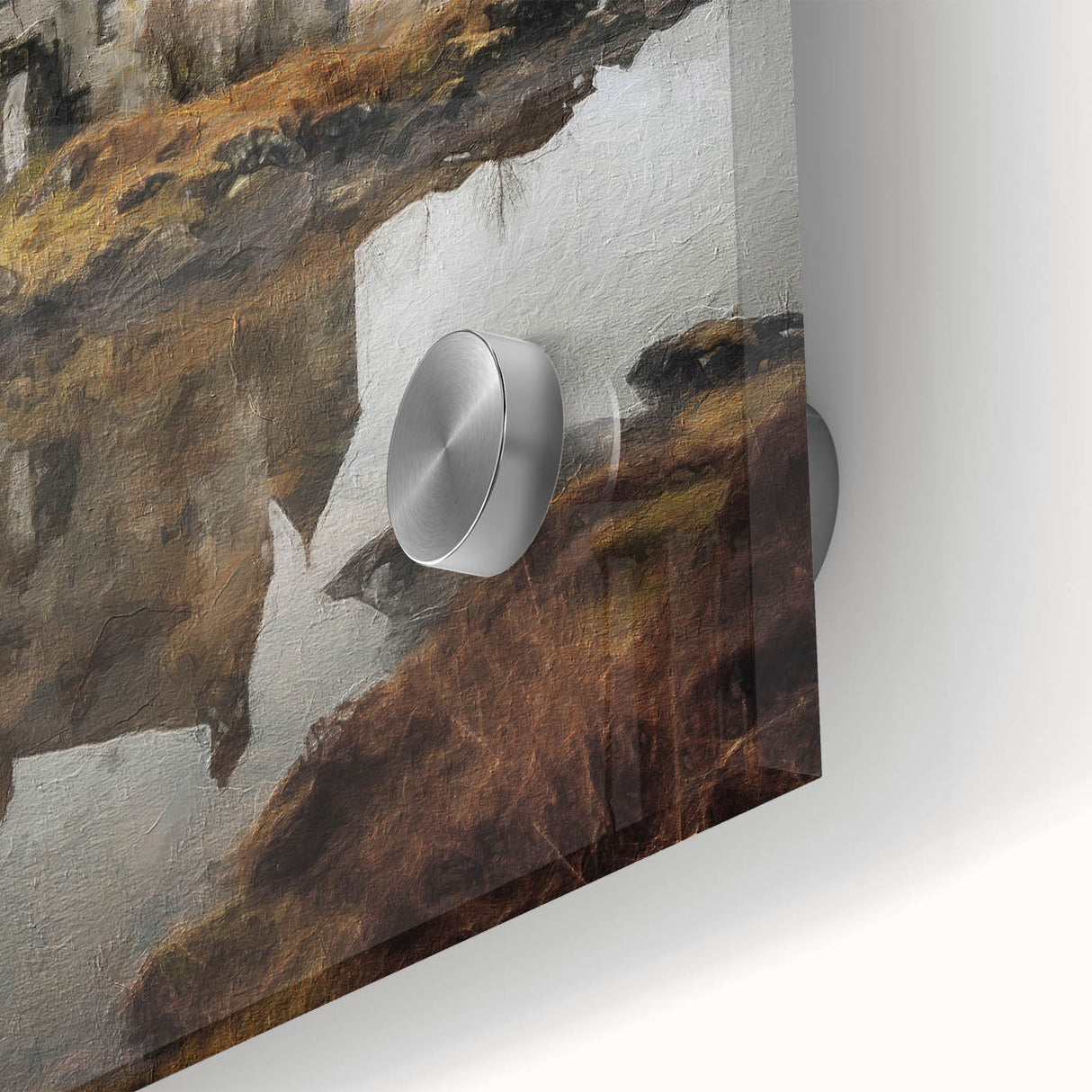 Close-up of a vibrant landscape wall art piece showcasing rolling green hills and a serene countryside scene, printed on high-quality acrylic glass, perfect for home decor.