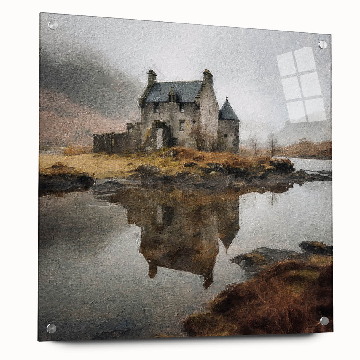 Landscape wall art depicting a serene countryside scene, showcased in a sleek acrylic glass frame with visible mounting pins, enhancing interior decor.