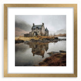 Framed landscape wall art depicting a serene countryside scene, featuring lush greenery and a soft pastel sky, accented by a gold mat for an elegant touch.