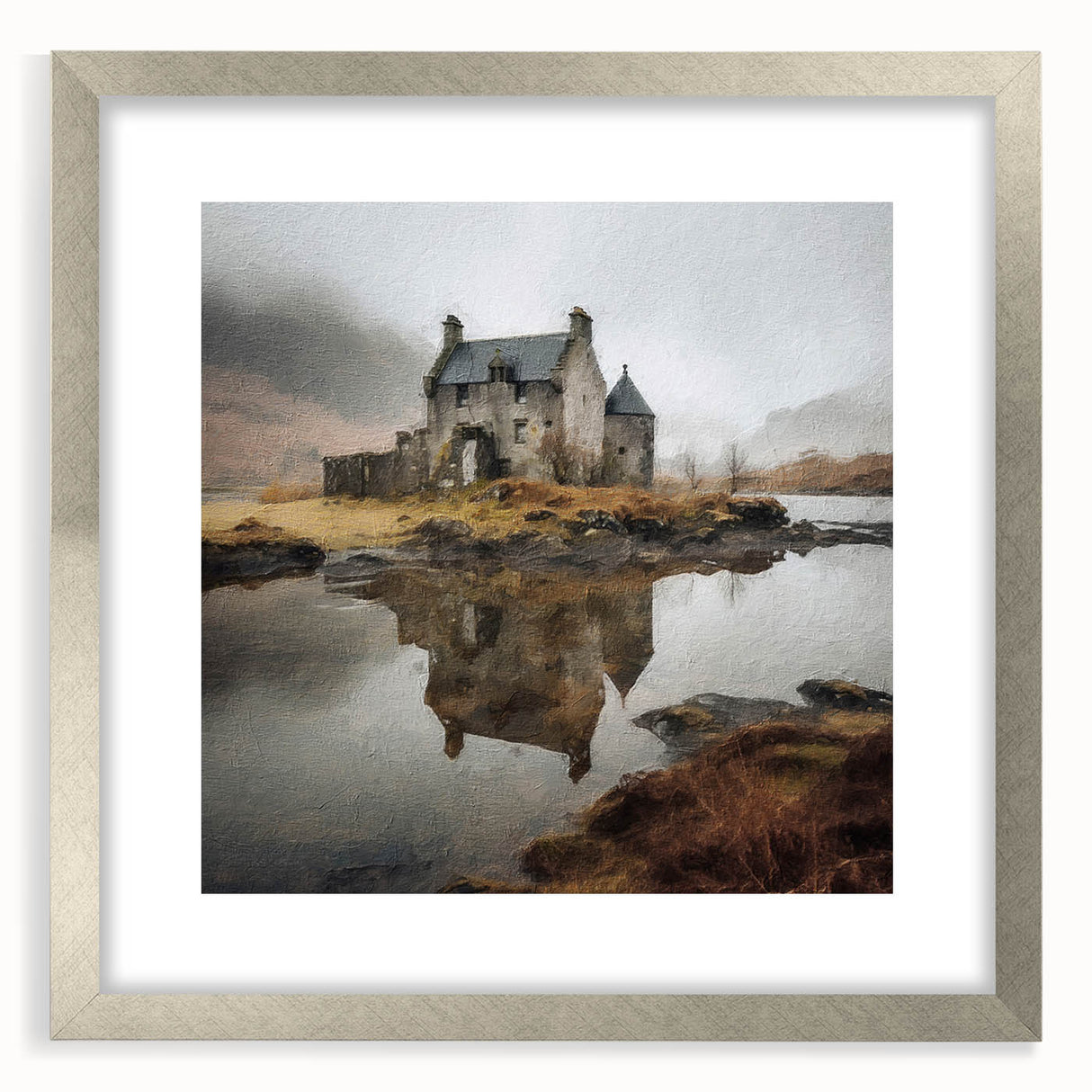 Framed landscape countryside wall art featuring vibrant green fields and a serene sky, showcased in a silver mat frame, ideal for home decor enhancement.