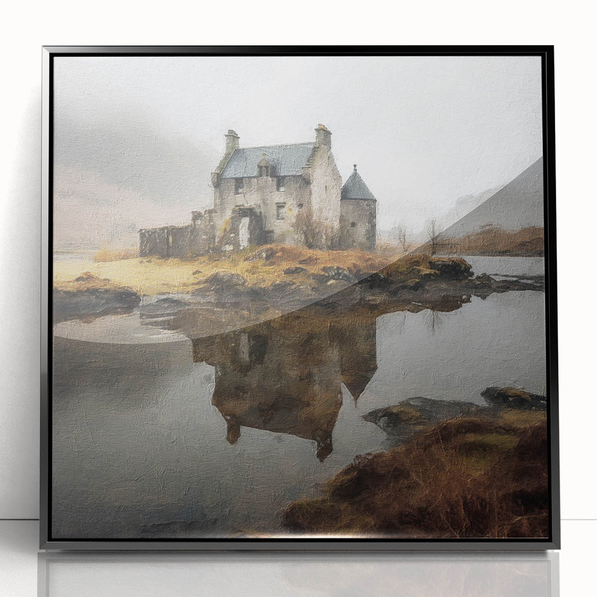 Framed acrylic wall art depicting a serene countryside landscape in vibrant colors, featuring lush greenery and a clear blue sky, suitable for home decor.