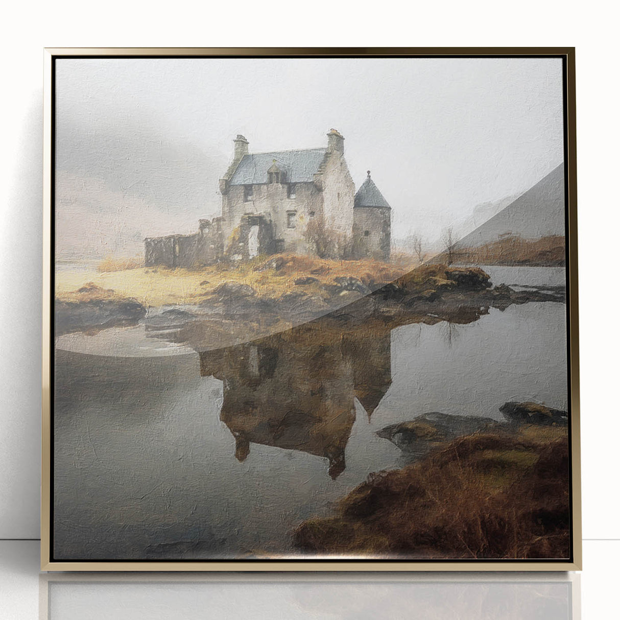 Framed acrylic wall art depicting a serene countryside landscape with vibrant greens and blues, accented by a stylish gold frame, perfect for home décor.
