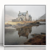 Framed landscape wall art depicting a serene countryside scene with lush greenery and a clear sky. The artwork is presented in a sleek white frame, enhancing its aesthetic appeal for home decor.