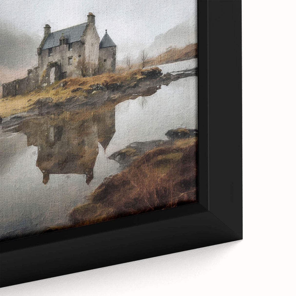 Framed landscape canvas wall art showcasing a serene countryside scene with vibrant green fields, soft blue skies, and rustic farmhouses, ideal for home decor.