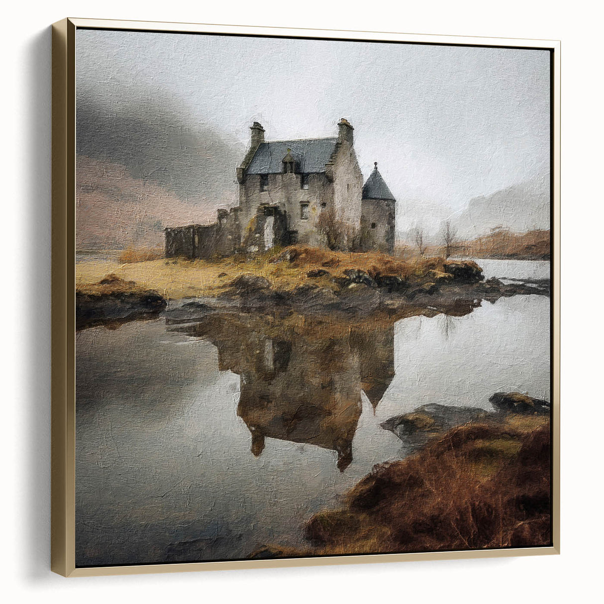 Framed canvas wall art depicting a serene countryside landscape with lush green fields, silver and gold accents, and a tranquil sky, ideal for home decor.