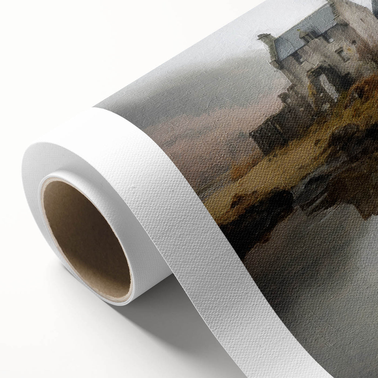 Landscape wall art on rolled canvas depicting a serene countryside scene with vibrant green fields and a clear blue sky, designed for home decor.