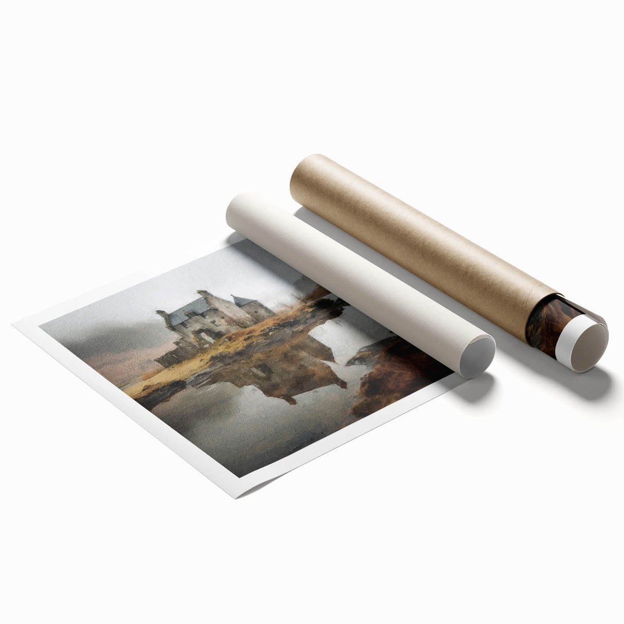 Landscape wall art print showcasing a serene countryside scene with rolling hills, lush greenery, and a vibrant sunset, rolled and ready for framing.
