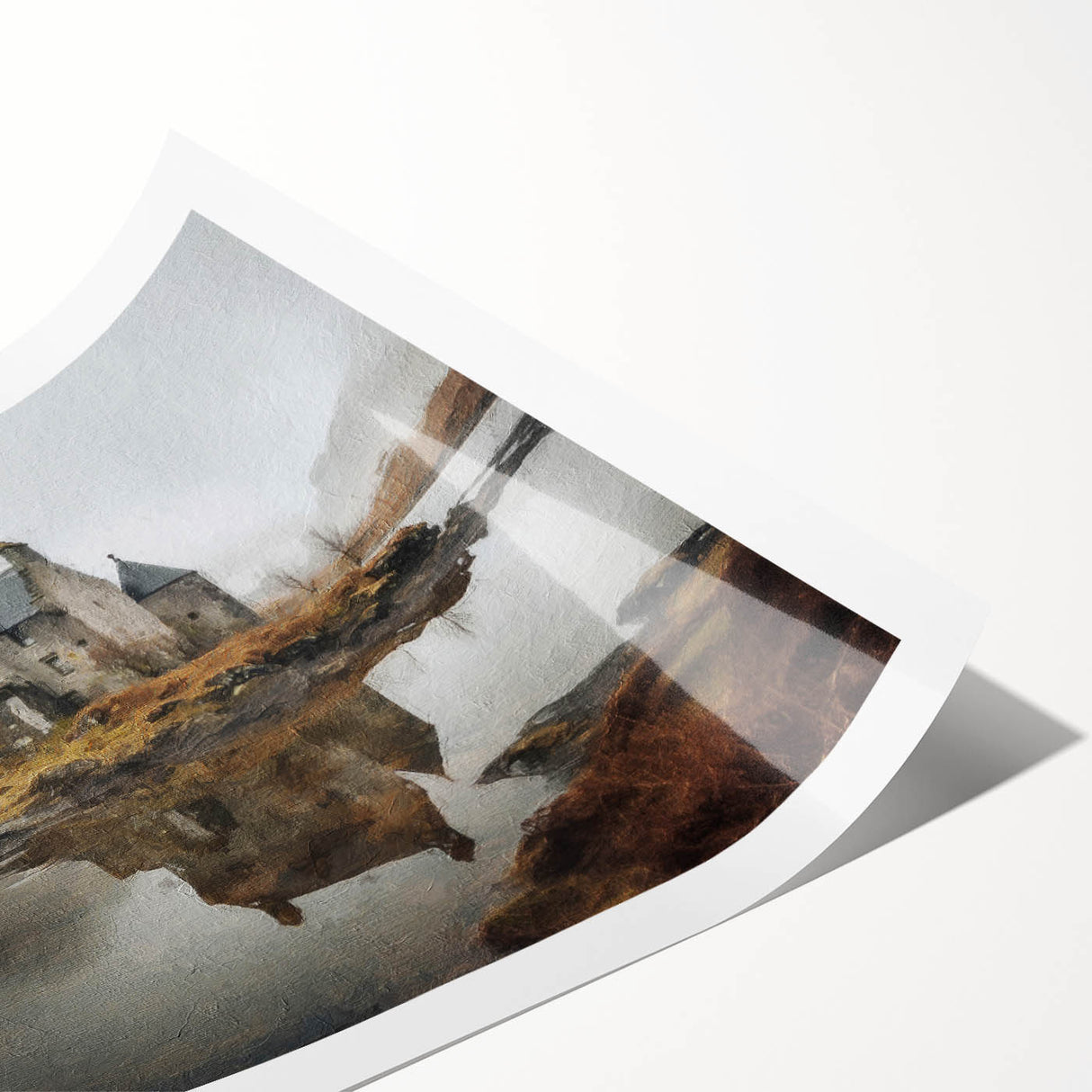 Landscape wall art print showcasing a serene countryside scene with rolling hills, vibrant green fields, and a clear blue sky, rolled and ready for display.