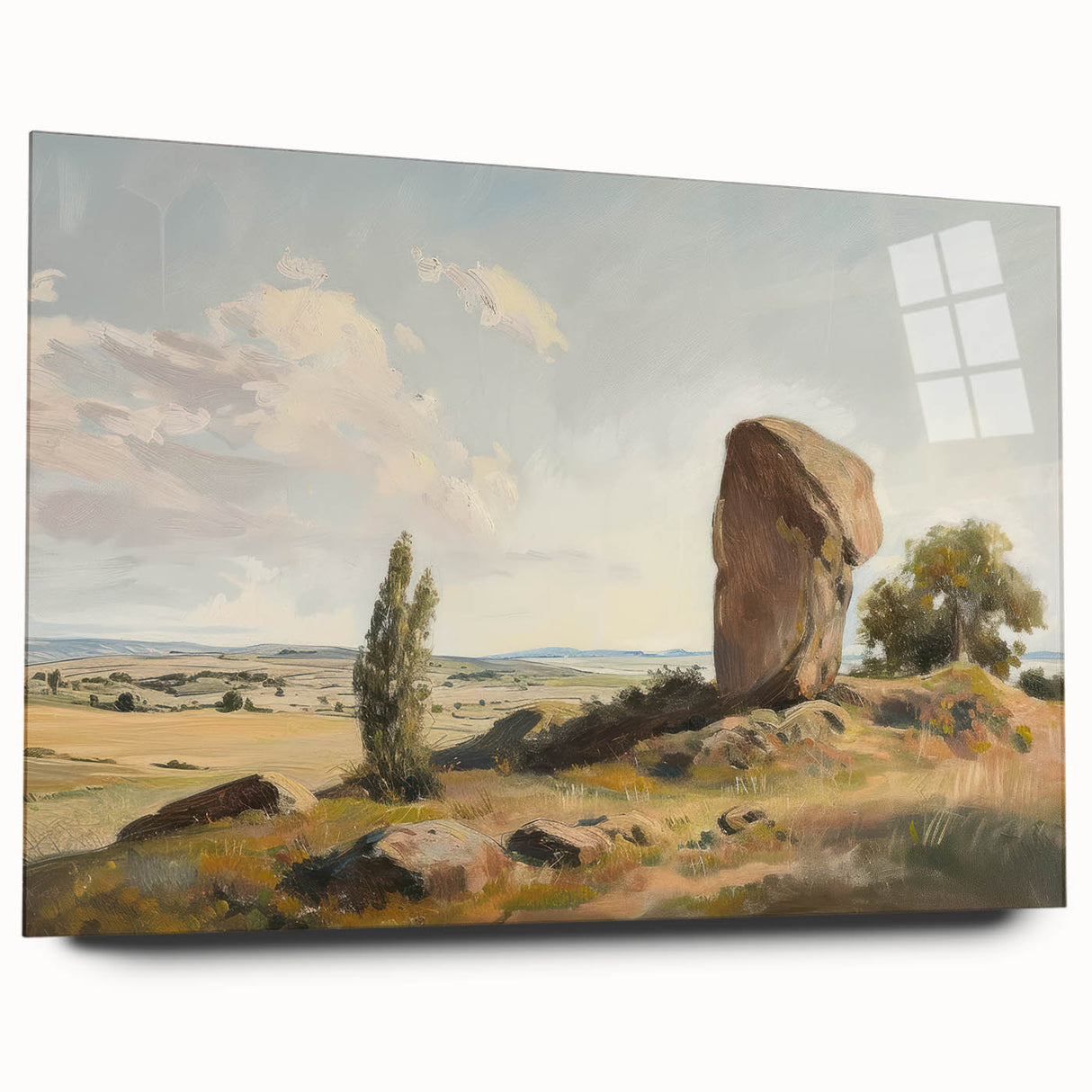 Acrylic landscape artwork displayed from a side view, showcasing vibrant colors and intricate details, designed for wall mounting without visible pins. Ideal for modern home decor.