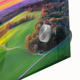 Close-up of a vibrant acrylic landscape artwork depicting a serene countryside scene, showcasing lush green fields and a clear blue sky, ideal for home decor.