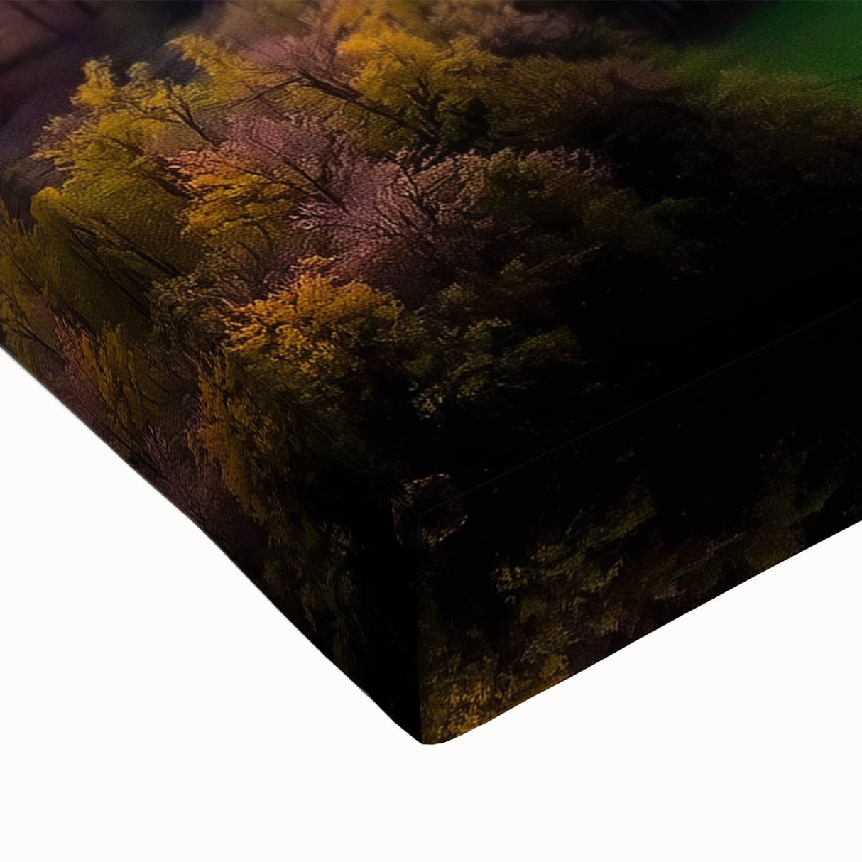 Close-up of a stretched canvas artwork depicting a serene countryside landscape, featuring vibrant greens and soft blues, ideal for home decor.