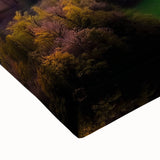 Close-up of a stretched canvas artwork depicting a serene countryside landscape, featuring vibrant greens and soft blues, ideal for home decor.