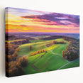 Stretched canvas artwork depicting a serene countryside landscape, showcasing vibrant green fields and a clear blue sky, perfect for home decor.