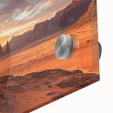 Close-up of a vibrant desert landscape printed on acrylic glass, showcasing rich orange and yellow hues with intricate details that highlight the arid terrain's textures.