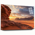 Acrylic glass artwork depicting a stunning desert landscape, featuring vibrant colors and intricate details, displayed from a side view with visible mounting pins for easy installation. Perfect for modern home decor enthusiasts seeking unique, nature-inspired designs.