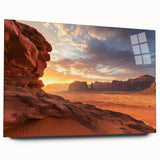 Desert landscape acrylic glass artwork showcasing vibrant orange and yellow hues, framed elegantly for a modern aesthetic, perfect for home decor.
