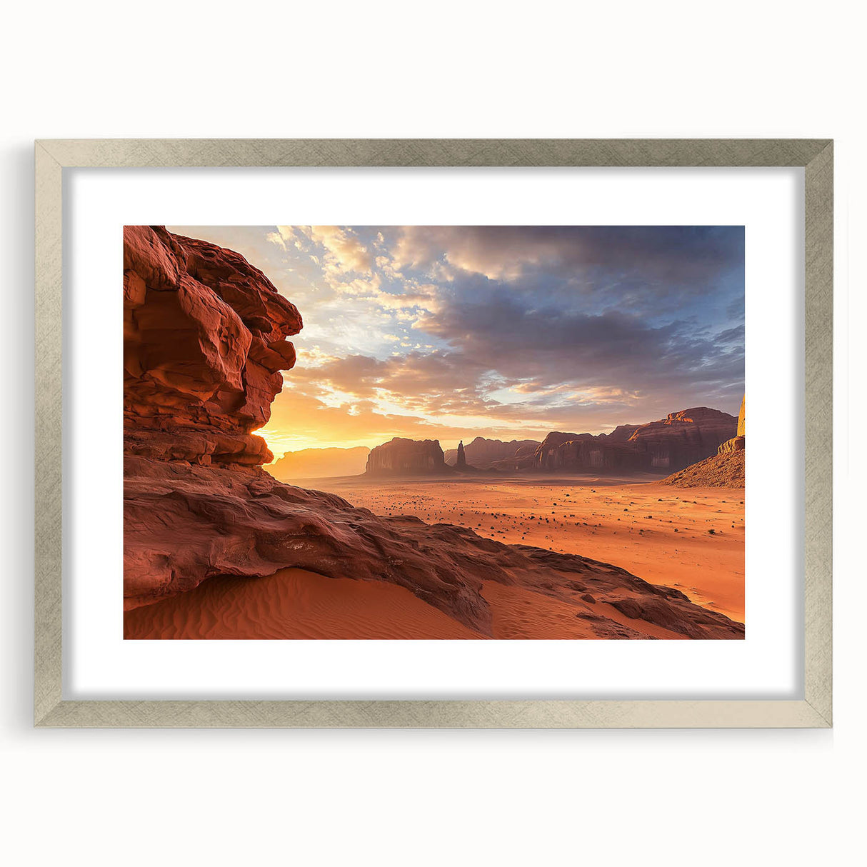 Desert landscape framed artwork in a silver frame with a white mat, showcasing vibrant colors and intricate details, perfect for modern home decor.