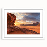 Desert landscape framed artwork with a white mat, showcasing vibrant colors and intricate details, perfect for enhancing home decor in a modern setting.