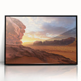 Framed acrylic landscape artwork depicting a serene desert scene with warm tones of orange and brown, featuring intricate details and a modern black frame for elegant display.