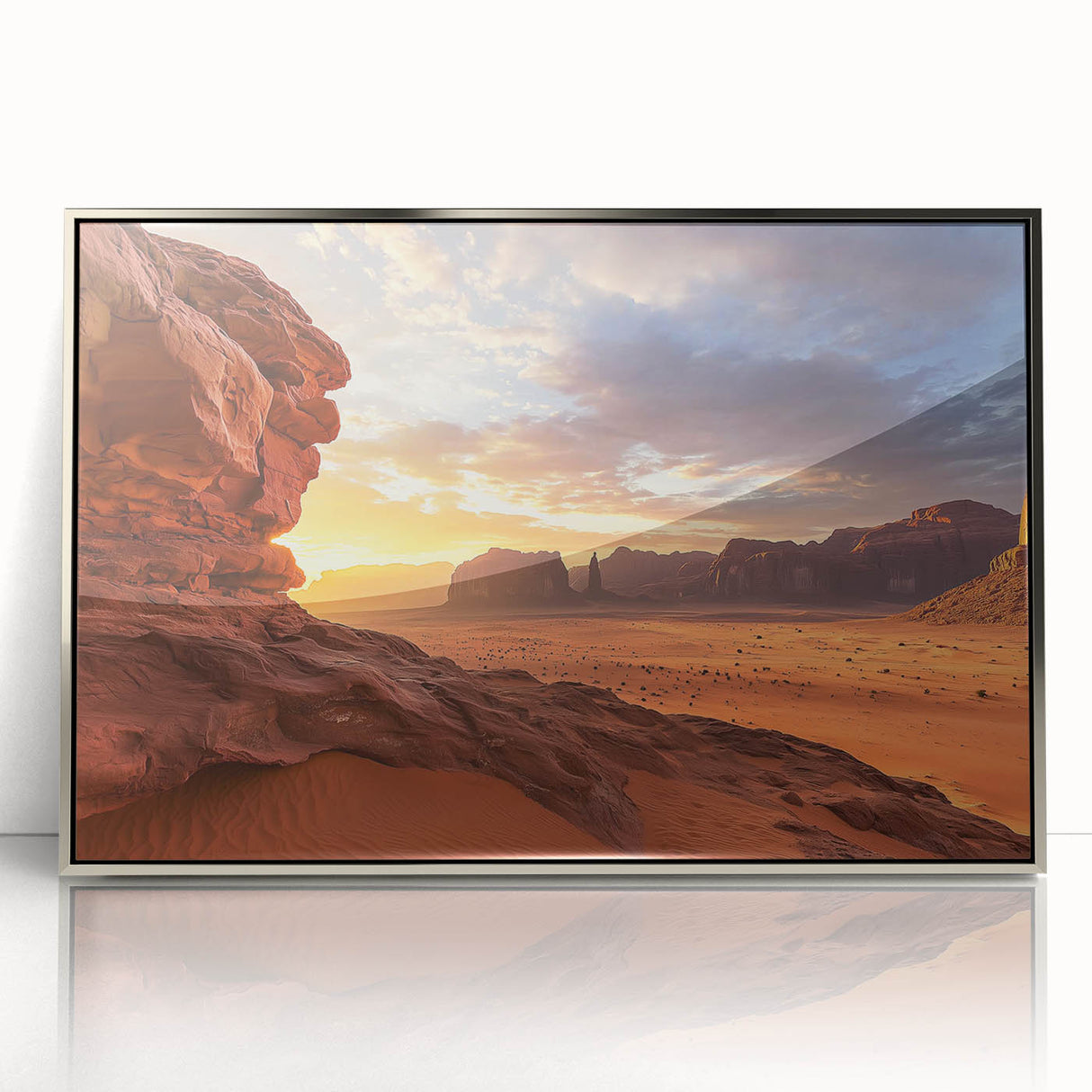 Framed acrylic artwork showcasing a vibrant desert landscape with warm tones of orange and gold, ideal for enhancing modern home decor.