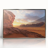 Framed acrylic artwork showcasing a vibrant desert landscape with warm tones of orange and gold, ideal for enhancing modern home decor.