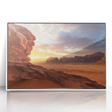 Framed acrylic print showcasing a vibrant desert landscape with striking orange and yellow hues, elegantly displayed in a sleek white frame, perfect for modern decor.