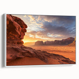 Framed canvas artwork showcasing a stunning desert landscape with vibrant colors and intricate details, displayed from a side view against a white backdrop. Perfect for enhancing modern home decor.
